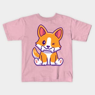 Cute Corgi Dog Eating Bone Cartoon Kids T-Shirt